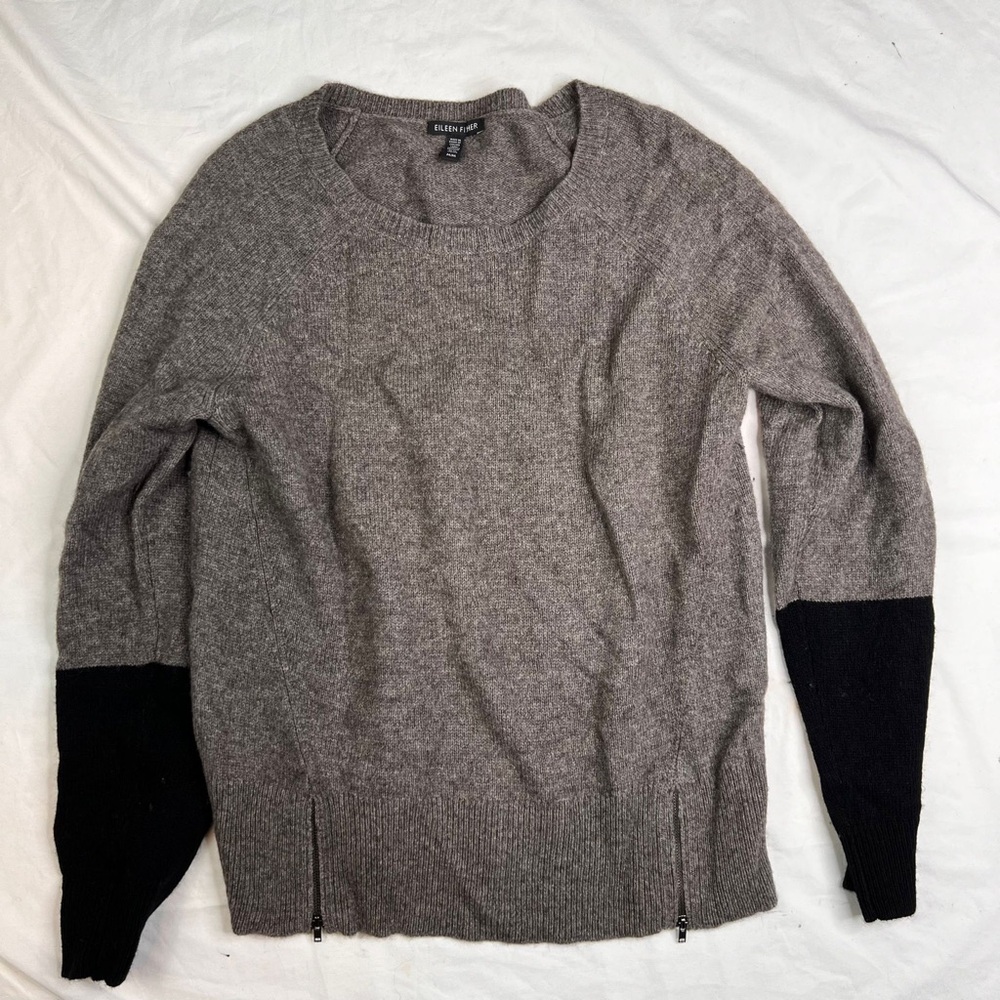 Eileen Fisher Long Sleeve Sweater Side Zippers Round Neck Gray Womens M A031024